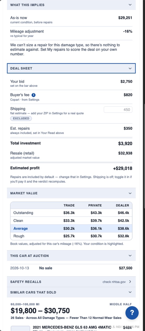 Deal sheet and market value in the AuctionMate Pro side panel