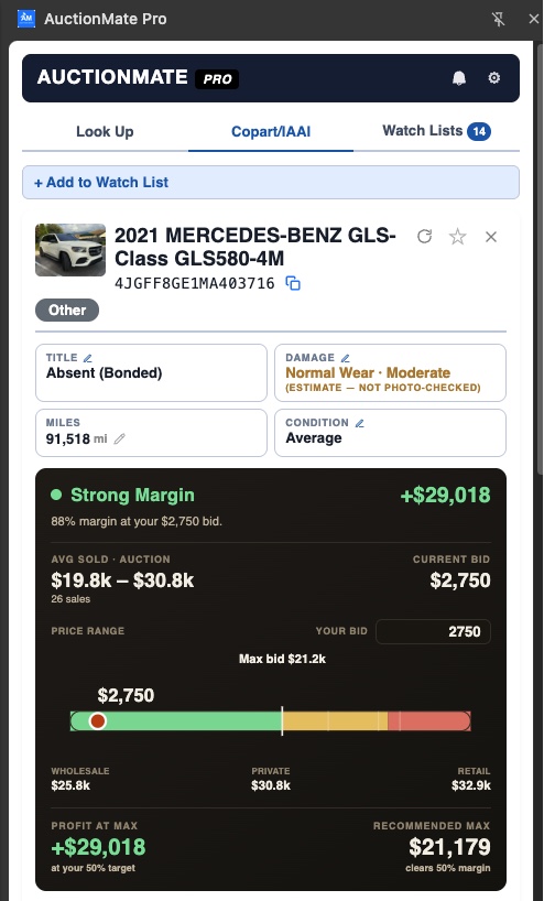 The AuctionMate Pro side panel