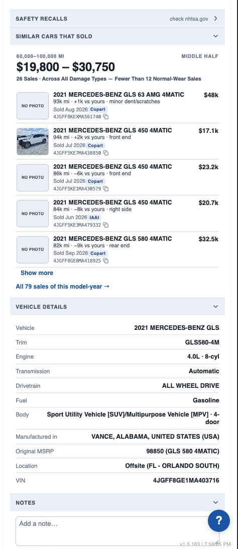 Similar cars that sold in the AuctionMate Pro side panel