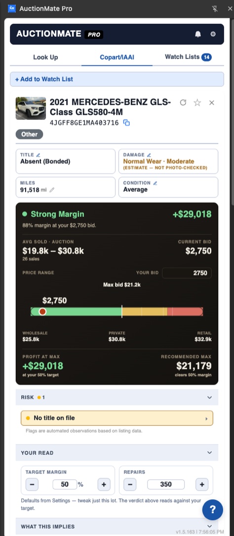 Verdict and max bid in the AuctionMate Pro side panel