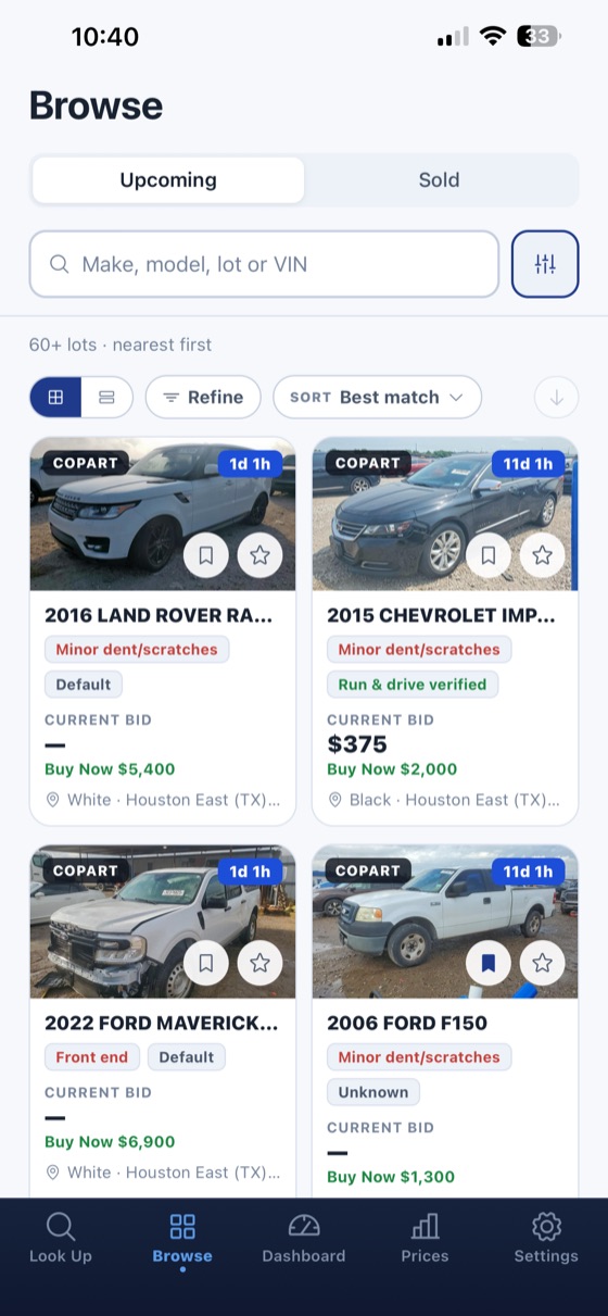 Browsing upcoming auction lots on the AuctionMate Go iPhone app