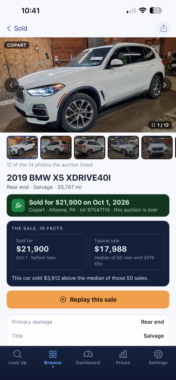Replaying a sold car on the AuctionMate Go iPhone app