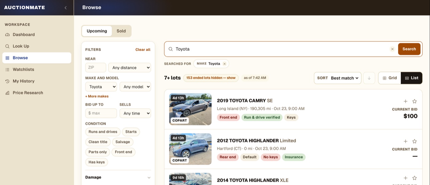 Browsing upcoming auction lots on the web