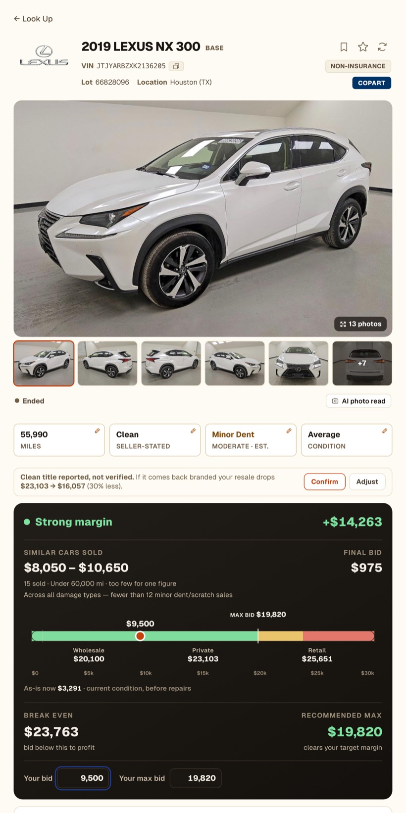 A car page on the AuctionMate web app